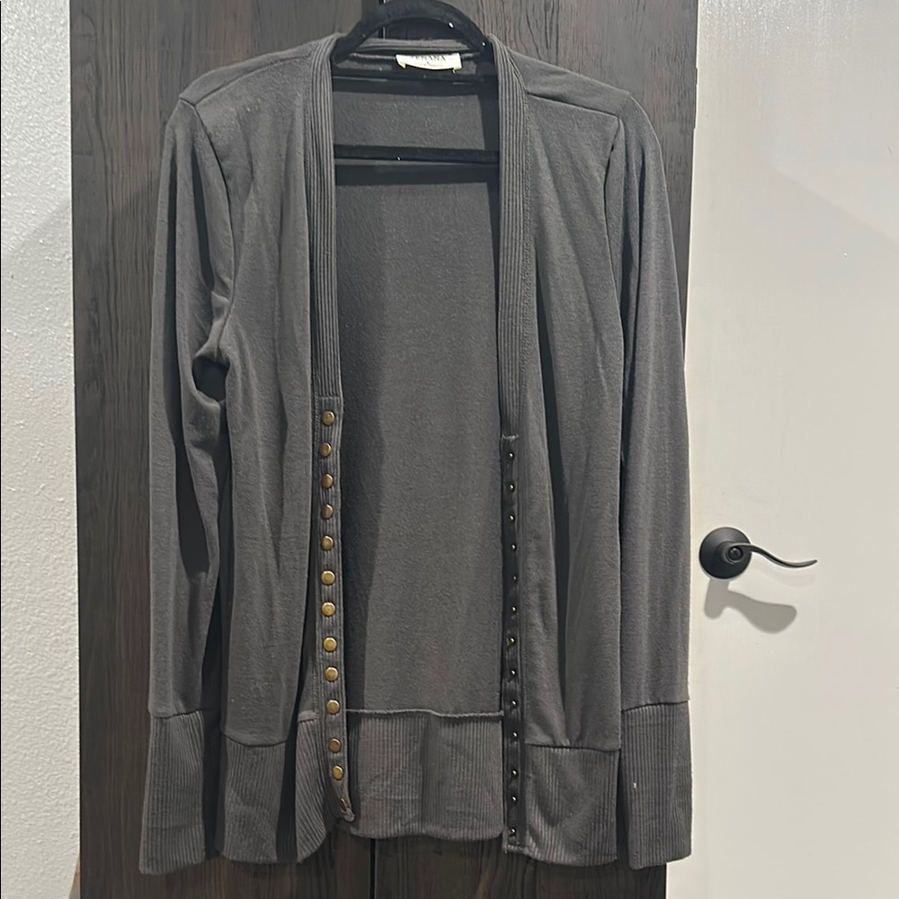 Gray Open Front Cardigan with Button Detail